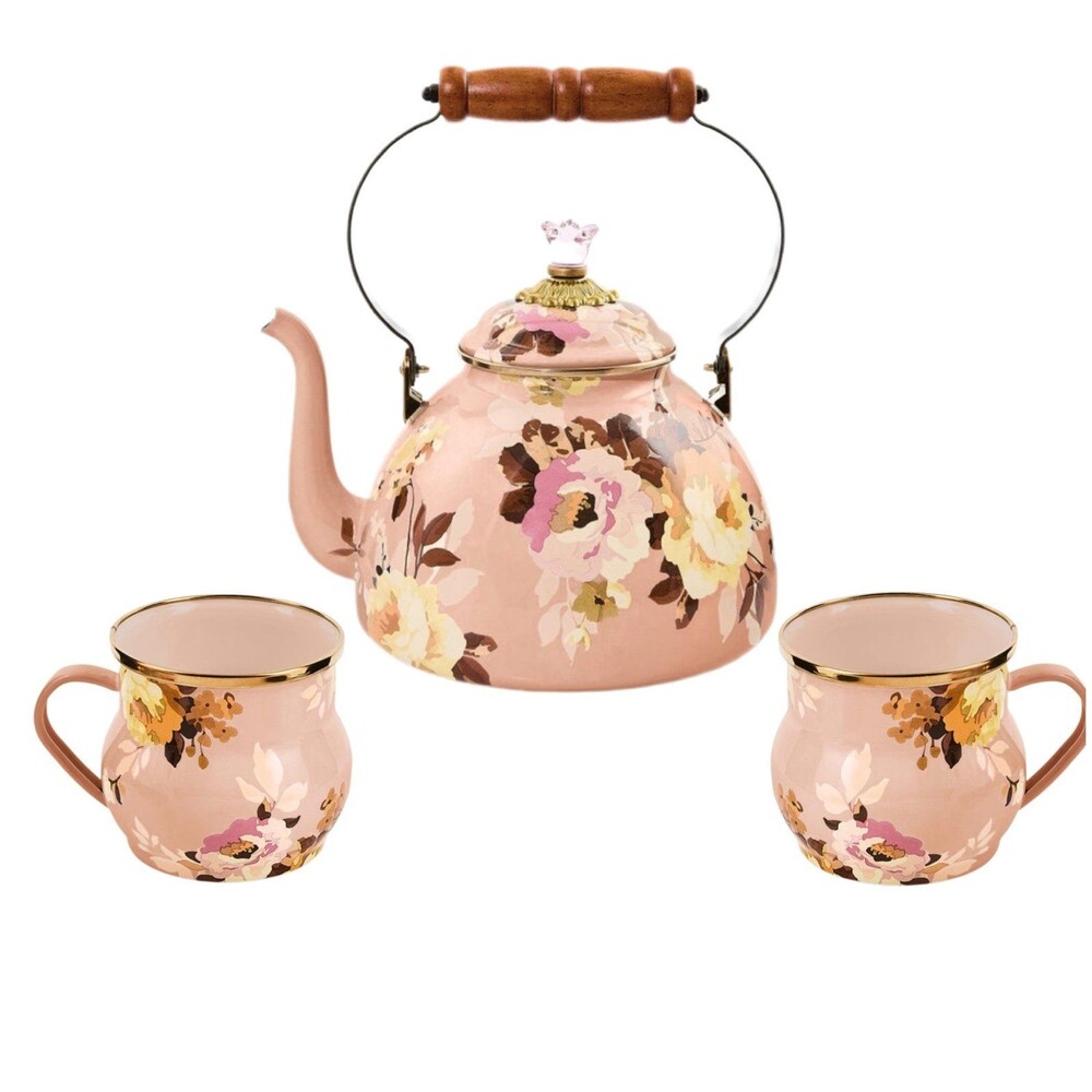 Mackenzie Child Wild Rose Mauve 3qt Tea Kettle and 2-16oz Mugs Set